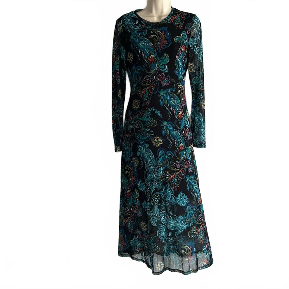 Connected Apparel Long Sleeve Maxi | Colorful Paisley Feather Dress | Size 4